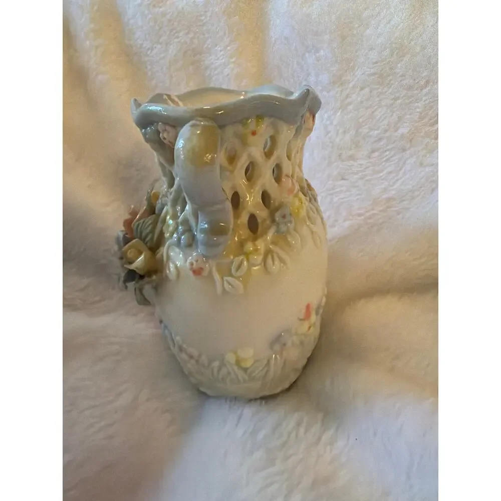 Vintage Porcelain Floral Vase Openwork Lattice Double Handle Pastel Flowers